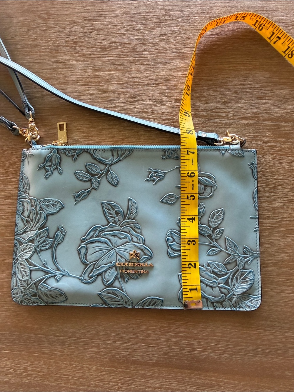 Cuoieria Fiorentina Blue Leather Floral Embossed Crossbody. Made in Italy - Picture 13 of 13